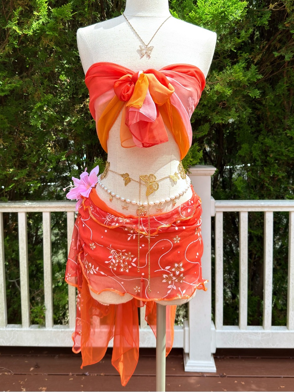 Custom Tropical Orange Floral Bandeau Bikini Set with Sarong